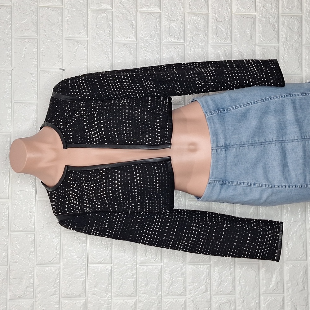 CALVIN KLEIN Cropped Black Tweed and Faux Leather Open Jacket